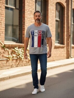 Tommy Hilfiger Denim "THD 1985" Graphic T-Shirt - Grey Heather - Mens XXL